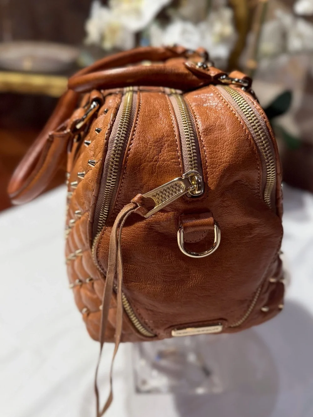 Rebecca Minkoff Quilted Brown Satchel with Studs